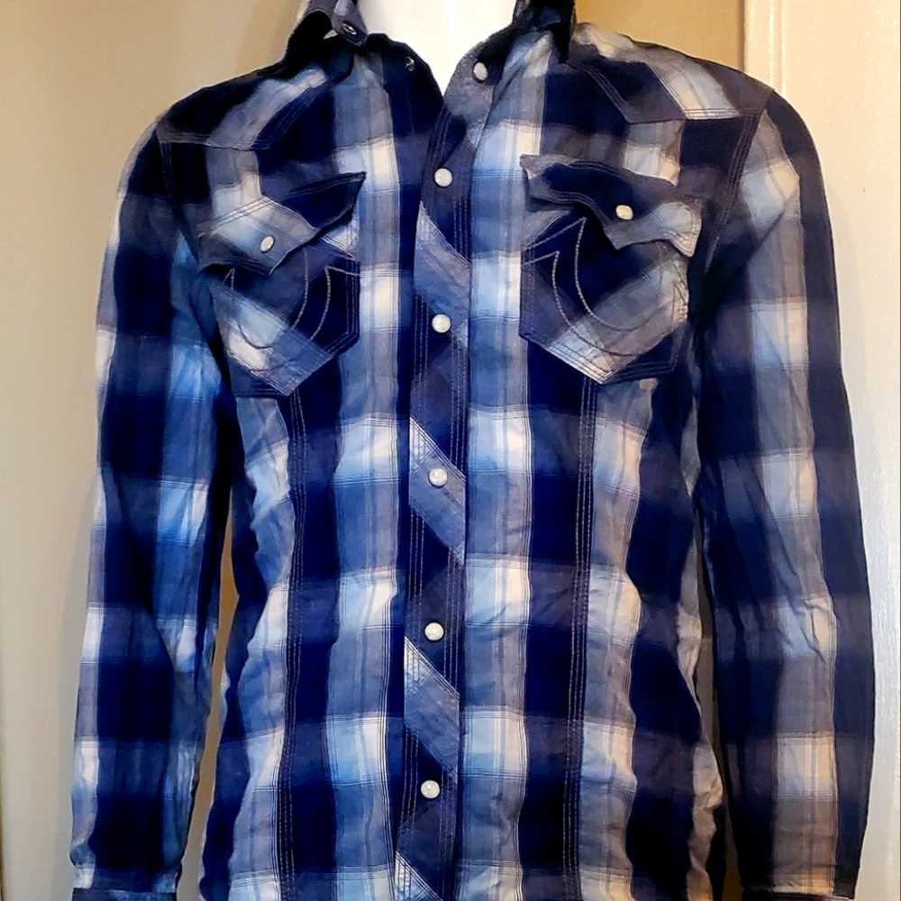 True Religion button down shirt, size is medium, blue and white